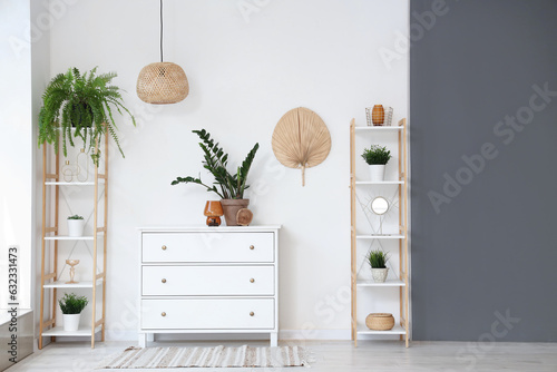 Living room interior with chest of drawers, shelving units and houseplants