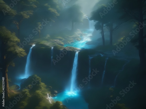 birds eye view over a mystical forest with a alluring waterfall