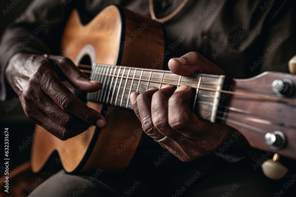 Talented unrecognizable male artist African-American musician close up male hands playing guitar fingers touching strings chords notes musical performance concert instrumental music sound bassist guy