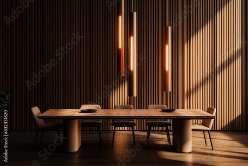 Wooden table and chairs in a room with a wooden wall - dramatic lighting, warm gold tones.