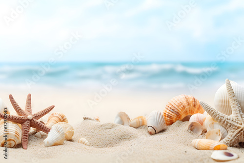 Beach Sea themed with beautiful shells, corals and starfish on pure white sand, summer concept. Generative AI.