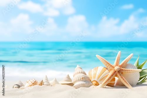 Beach Sea themed with beautiful shells, corals and starfish on pure white sand, summer concept. Generative AI. © Wanna