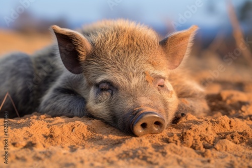 Wild boar (Sus scrofa) sleeping in the dirt. photo
