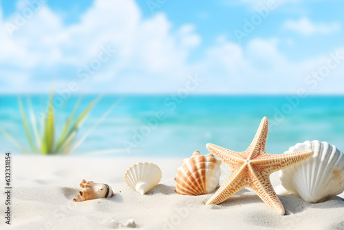 Beach Sea themed with beautiful shells  corals and starfish on pure white sand  summer concept. Generative AI.
