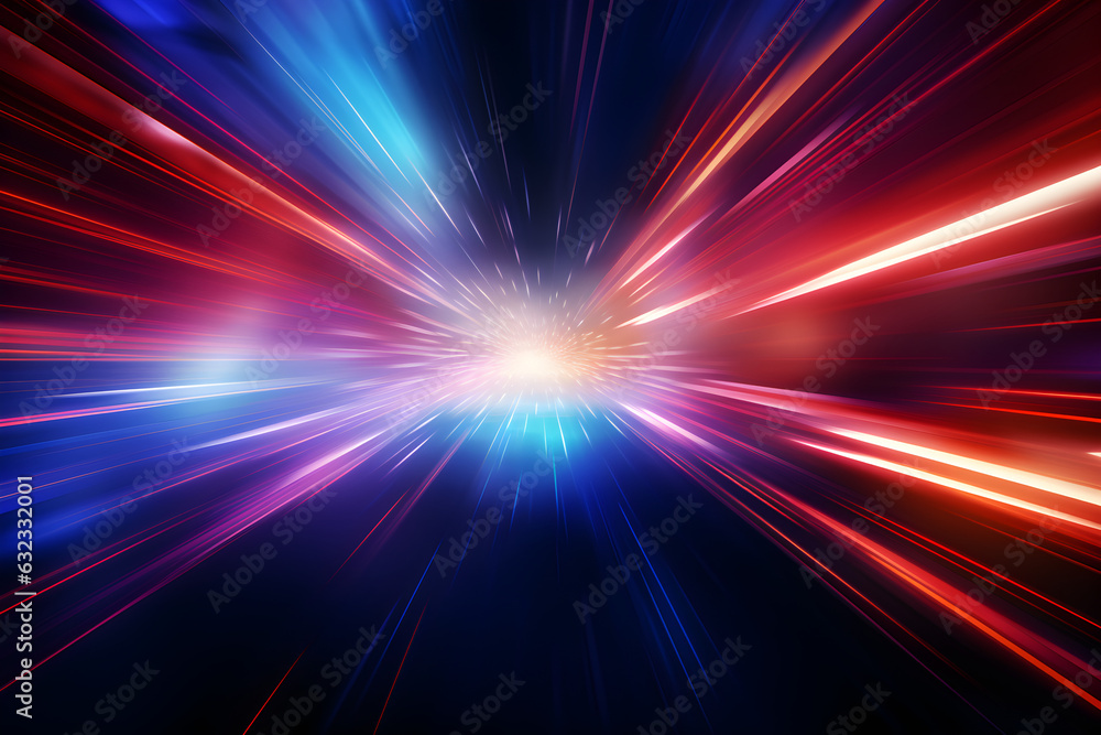 Obraz premium Futuristic speed motion with blue and red rays of light abstract background. Generative AI.