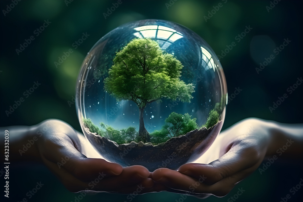 Human hand holding glass ball with tree inside. Environment conservation concept. Generative AI.
