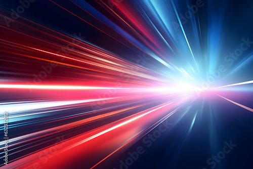 Futuristic speed motion with blue and red rays of light abstract background. Generative AI.