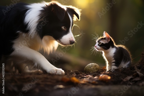 A Border Collie dog and kitten playing with ball in nature.