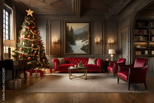 living room with christmas tree and fireplace generated by AI technology 