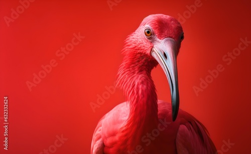 Creative animal concept. Macro shot of red scarlet ibis over red pastel bright background. Generative AI. 