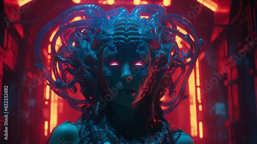 Wallpaper.  Ancient Medusa modern age. 16:9. Generative AI