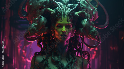 Wallpaper.  Ancient Medusa modern age. 16:9. Generative AI
