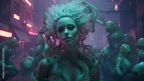 Wallpaper.  Ancient Medusa modern age. 16:9. Generative AI