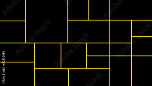 Collage of yellow empty frames on a black background. Different templates for photo parts, websites and interiors. Vector illustration.