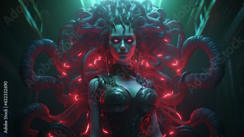 Wallpaper.  Ancient Medusa modern age. 16:9. Generative AI