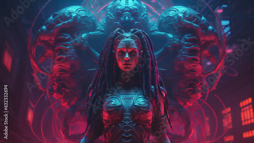Wallpaper.  Ancient Medusa modern age. 16:9. Generative AI