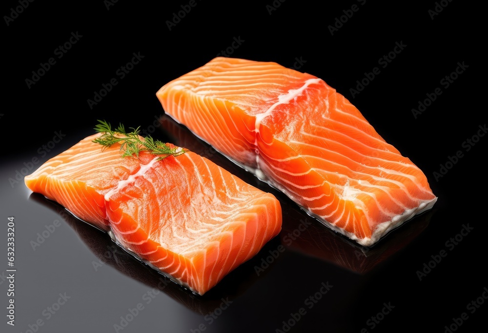 Two pieces of salmon on a black surface created with Generative AI technology Two pieces of salmon on a black surface created with Generative AI technology