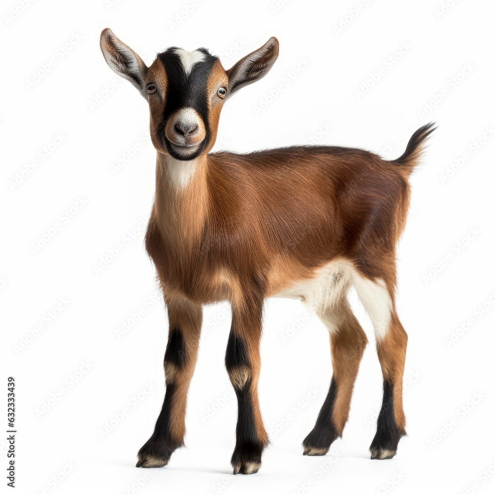 A small goat standing on a white floor created with Generative AI technology A small goat standing on a white floor created with Generative AI technology