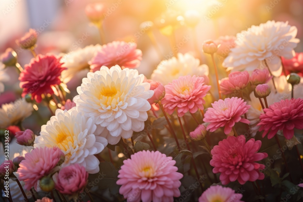 Fototapeta premium Purple pink beautiful multicolored flowers blooming garden outdoors park beauty summer meadows backdrop spring background wallpaper bright colorful flora plants blossom sunlight field nature rural