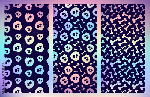 Holographic seamless print. Neon background. Set of shiny hologram with skulls. Vector illustration for halloween. Bones and skull.