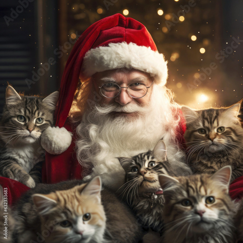 Santa Claus and cute cats with beautiful Christmas lights. Christmas card concept