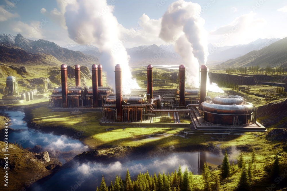 Nature powered plant. A geothermal power station amidst pristine nature. Pipes and chimneys emit steam, showcasing Earth's ability to sustainably fuel our needs
