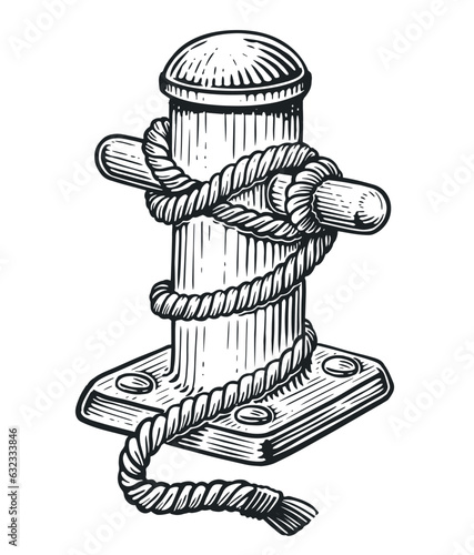 Mooring bollard with ship rope. Marine concept. Sketch vintage vector illustration