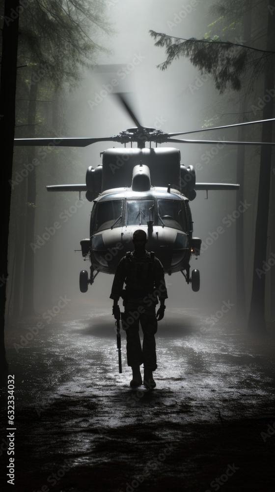 Naklejka premium A man is standing in front of a helicopter. AI.