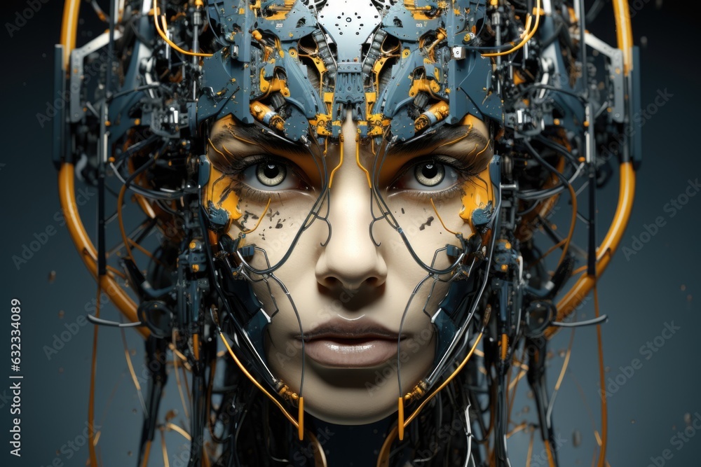 A close up of a woman's face with a robot head. AI. A close up of a woman's face with a robot head. AI.