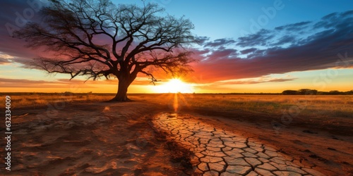 The sun is setting behind a lone tree. AI.