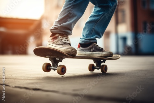 Skateboarder skateboarders legs performing jumping trick young skater guy action freestyle skateboarding practice jump. Extreme sport, youth leisure, hobby training. Boy wearing fashion sneakers