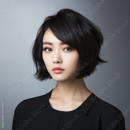 Close-up portrait of fictional woman hairstyle. Beautiful hair illustration for hairsalon. Isolated on plain background. Generative AI.