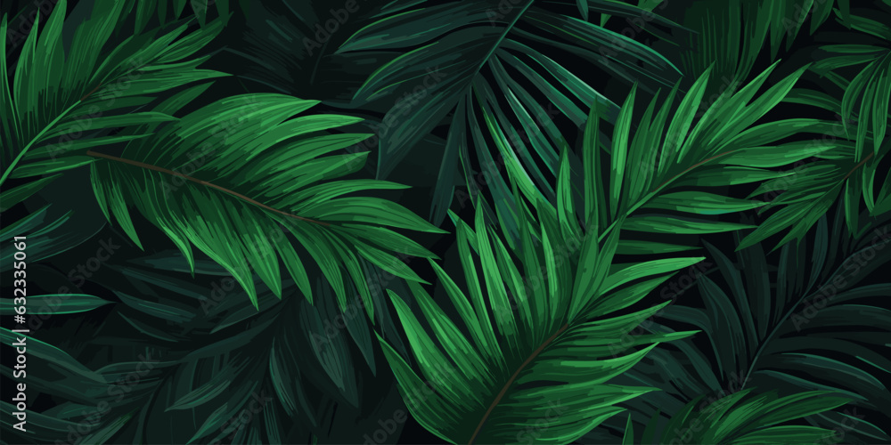 Green tropical leaves dark mysterious background