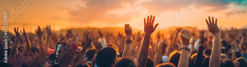 Cheering crowd with hands in air at music festival. Party beach. Blurred people having night beach party in summer vacation. Bokeh People have fun at sunset on a beach. digital ai