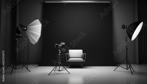 Interior of modern photo studio with chair and professional equipment, digital ai photo