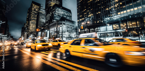 Cars in movement with motion blur. A crowded street scene in downtown, digital ai © Viks_jin