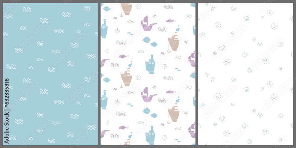 Set of childish seamless pattern with cute ships and waves in natural colors, blue and linen. Background for surface design, interior, wallpaper, paper, textile, kids clothes, bed linen Set of childish seamless pattern with cute ships and waves in natural colors, blue and linen. Background for surface design, interior, wallpaper, paper, textile, kids clothes, bed linen