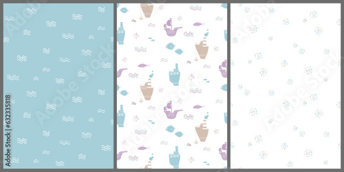 Set of childish seamless pattern with cute ships and waves in natural colors, blue and linen. Background for surface design, interior, wallpaper, paper, textile, kids clothes, bed linen