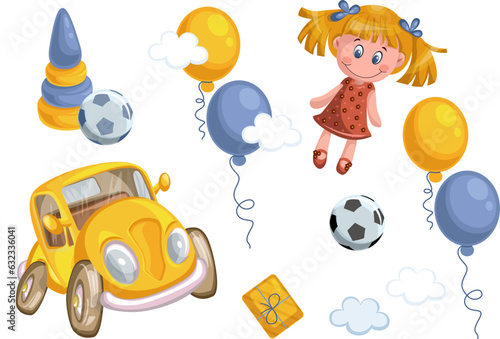 Vector image of a children's set with various toys that will suit both girls and boys. EPS 10