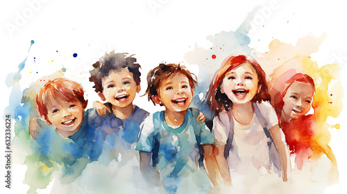 
Diversity children, friendship concept, emotions. Children run and laugh. Trustworthy, friendly, kind, smiling, cheerful children and teenagers, large group. In the style of a colorful watercolor
