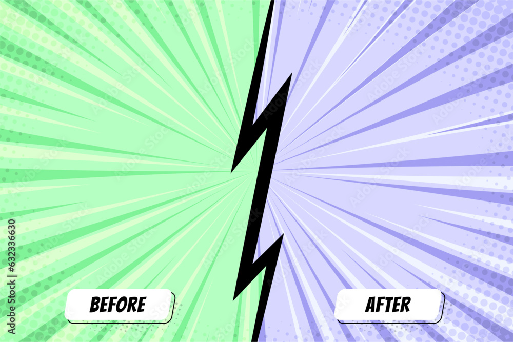 Colorful before and after frames. Two color retro background with halftone corners for