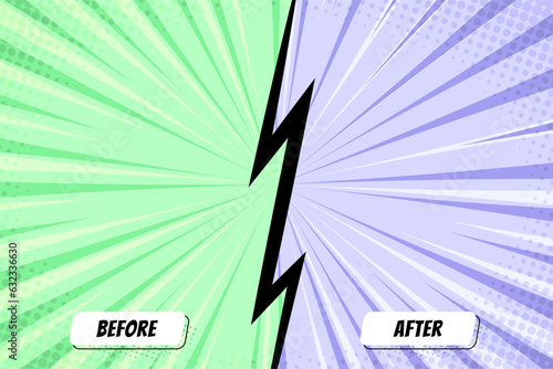 Colorful before and after frames. Two color retro background with halftone corners for comparison. Design template. Vector illustration. 