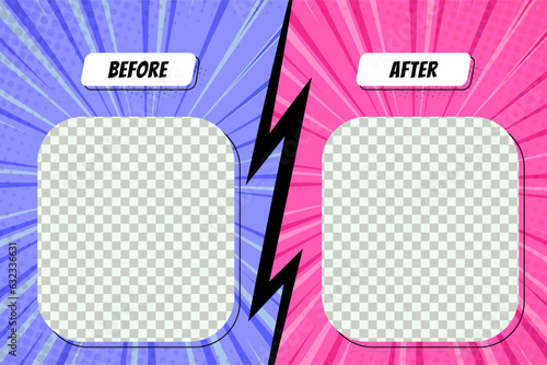 Colorful before and after frames. Two color retro background with halftone corners for comparison. Design template. Vector illustration. 