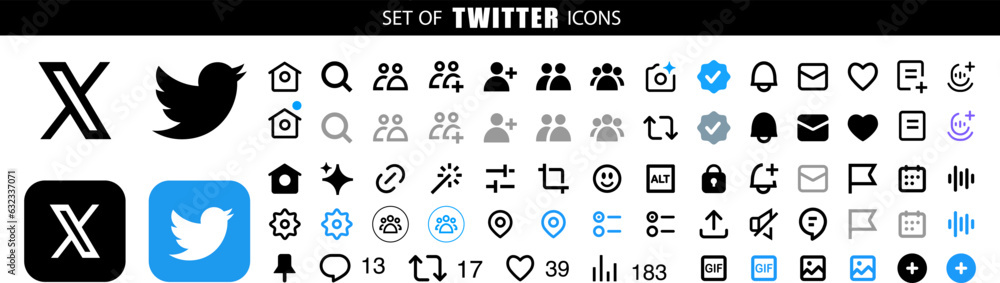 Twitter all icons. Realistic social media logotype collection. Twitter ...