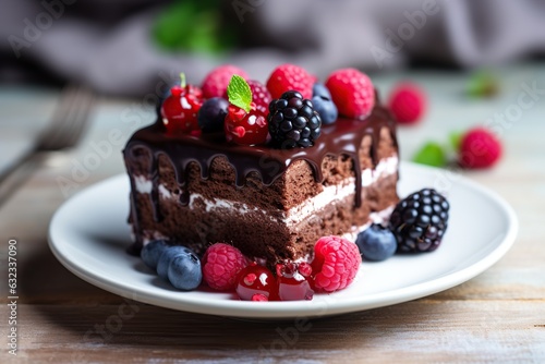 Piece of chocolate cake with fresh berries on wooden table