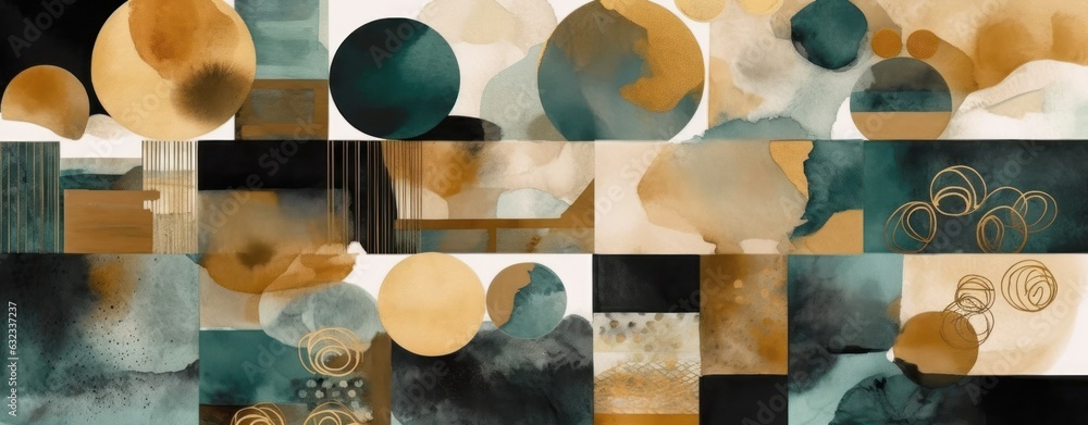 Abstract brown art with blue and gold, beige background, beautiful smudges and stains made with alcohol ink and golden paint. AI Generative - obrazy, fototapety, plakaty 