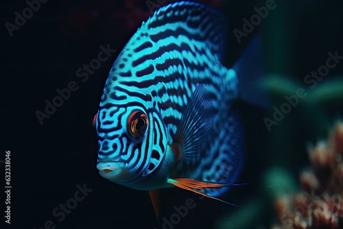 Close-up view of a blue fish swimming at the bottom. Generative AI