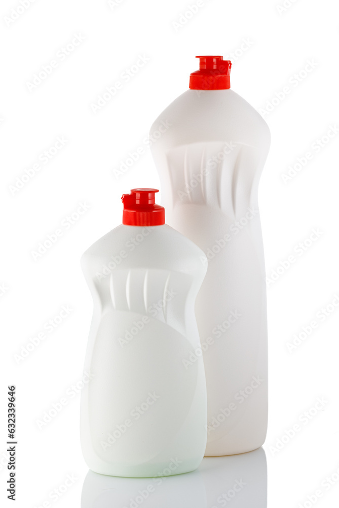 White plastic bottle with cap isolated on white background for liquid detergent laundry or cleaning agent. Two white bottle with red covers. White plastic bottle with cap isolated on white background for liquid detergent laundry or cleaning agent. Two white bottle with red covers.