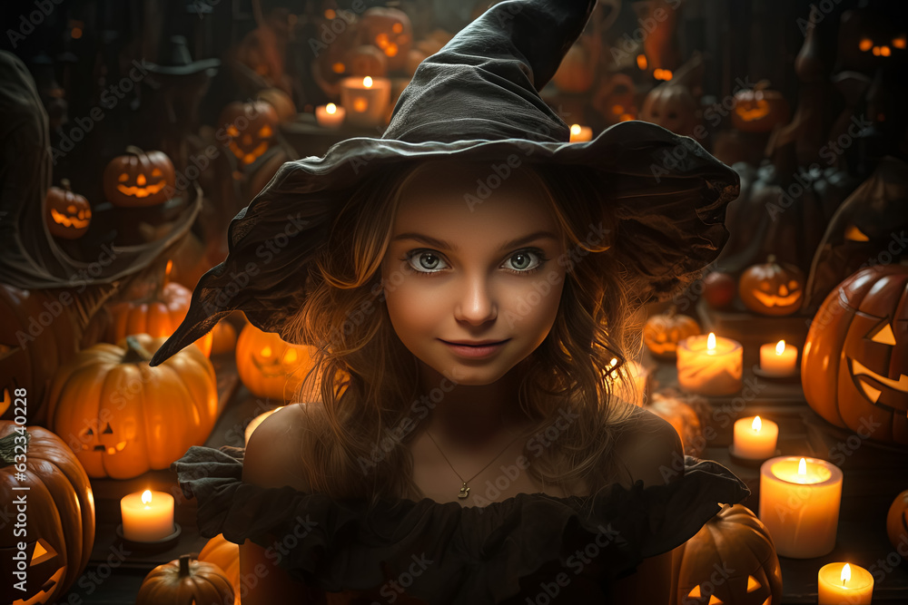 cartoon illustration of cute little witch surrounded of Halloween Jack-o'-lanterns (carved pumpkins)