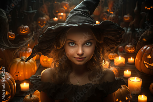 cartoon illustration of cute little witch surrounded of Halloween Jack-o'-lanterns (carved pumpkins)